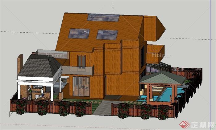 某古典中式多层木制别墅建筑设计SU模型