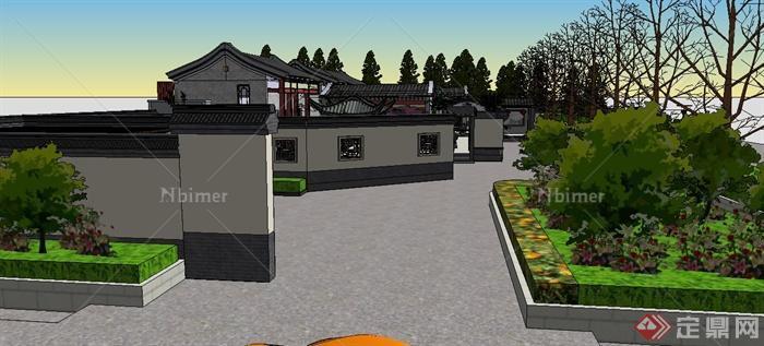 中式风格单层建筑及庭院设计su模型[原创]