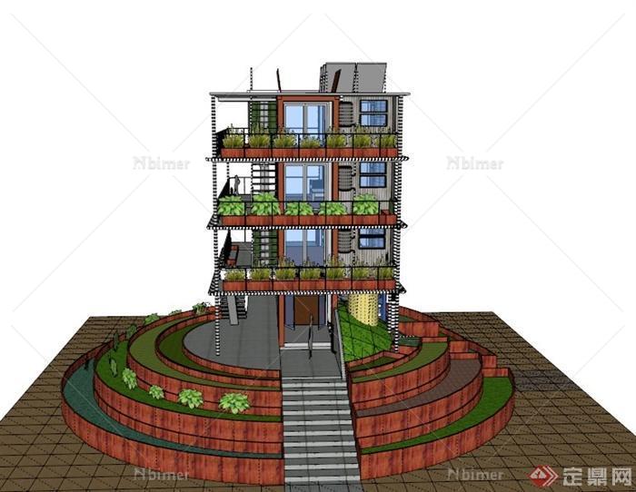 某现代简约四层宿舍住宅建筑设计SU模型