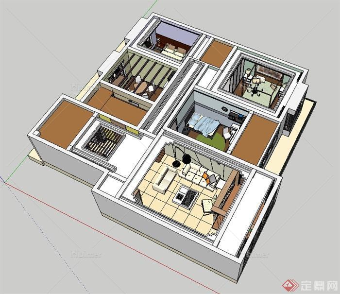 现代风格详细精致室内住宅空间装饰设计su模型[原