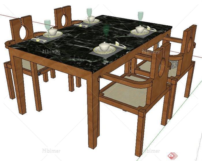 现代中式四人座餐桌椅su模型