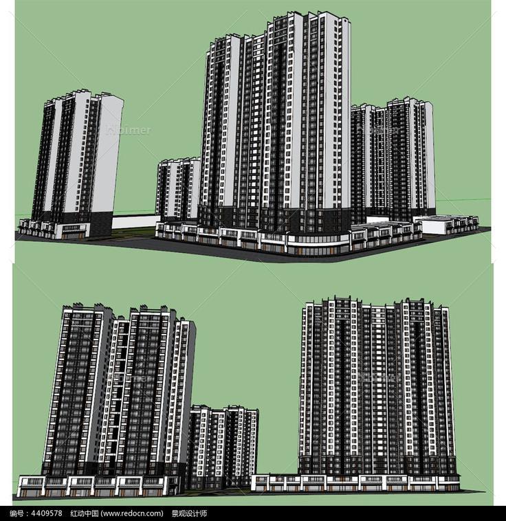 中式高层住宅建筑草图大师SU模型