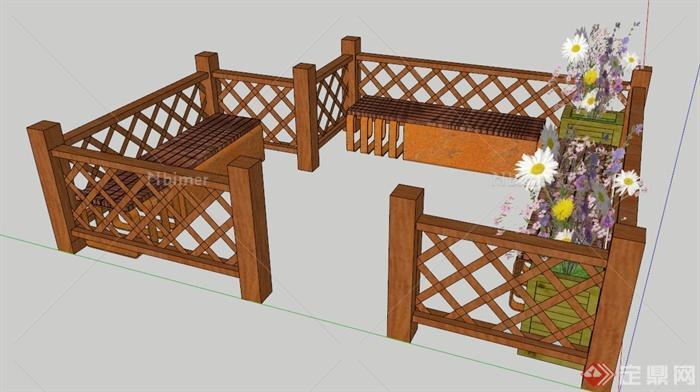现代中式木制围栏及坐凳su模型
