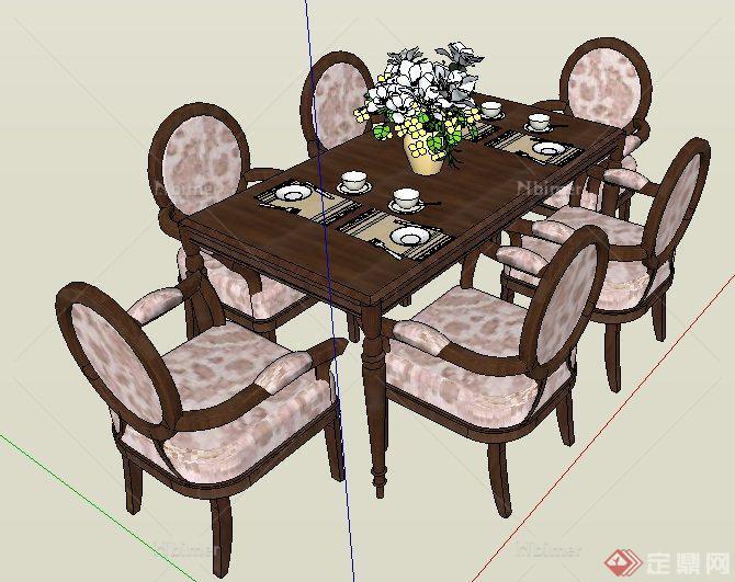 某美式风格六人座餐桌椅su模型