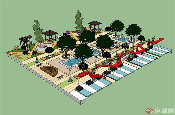某现代风格休闲公园广场详细景观设计SU模型[原创