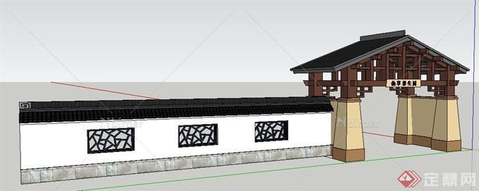 现代中式养生园大门及围墙su模型