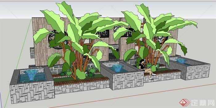 中式风格象棋台、树池坐凳、景墙组合su模型