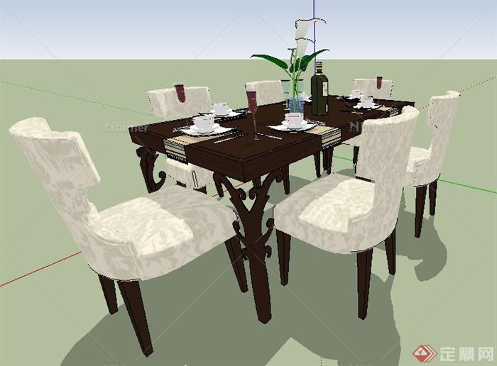 室内装饰中式6人座餐桌椅su模型