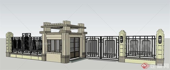 新古典风格岗亭及大门围墙su模型