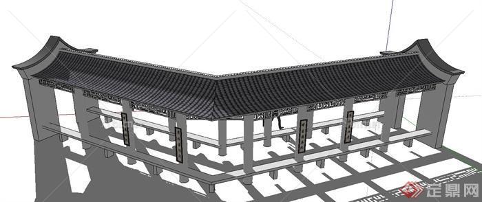 现代中式转角长廊架设计SU模型