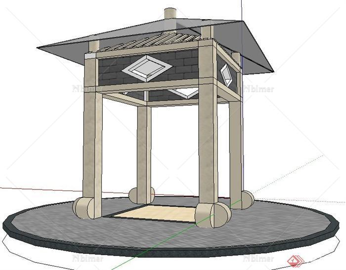 古典中式四角玻璃亭子设计su模型