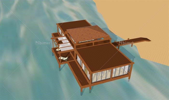 单层木质水上会所别墅建筑设计SketchUp模型[原创