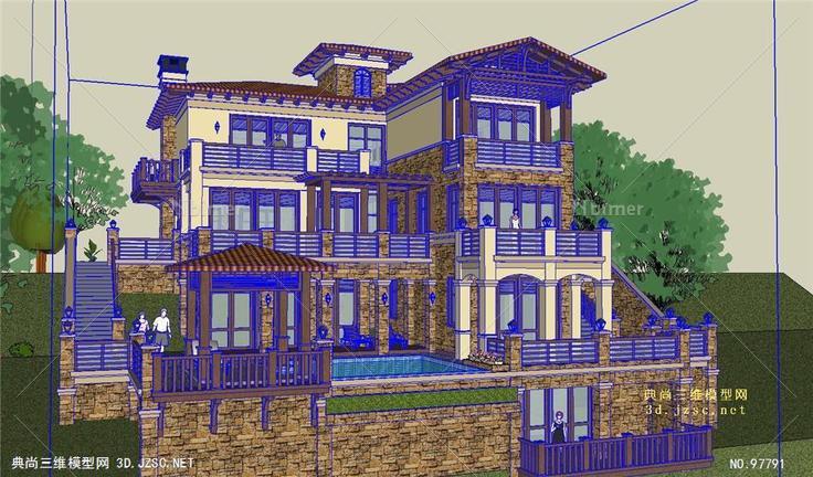 (2)带高清效果图CAD总平面图SU别墅模型
