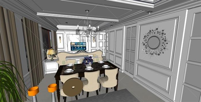 新古典风格室内客厅餐厅装饰设计su模型[原创]
