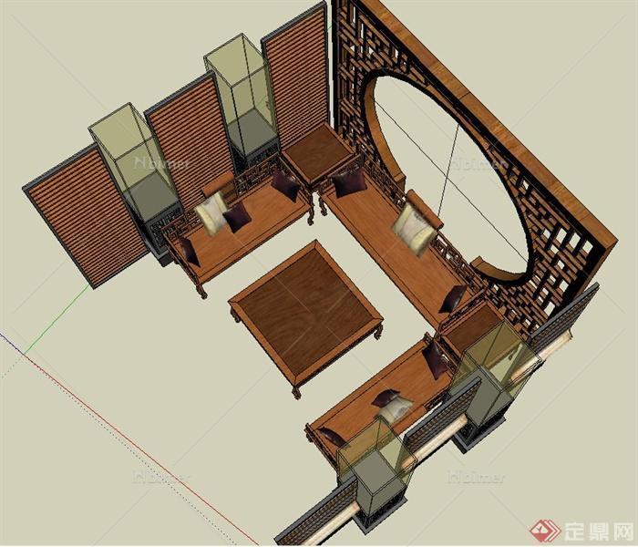 中式风格室内桌椅茶具设计SU模型