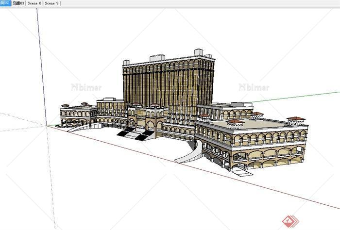现代风格详细精致多层大酒店建筑设计su模型[原创