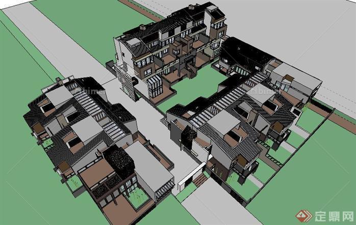 3栋双拼别墅建筑设计sketchup模型