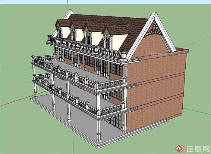 某欧式三层带阳台咖啡馆建筑设计SU模型