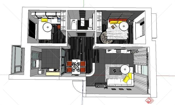 某两室两厅住宅室内家装设计SU模型