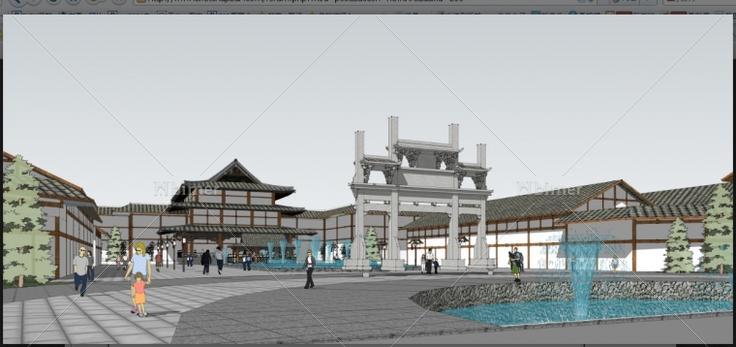 仿古温泉度假村建筑规划草模，带SketchUp模型下