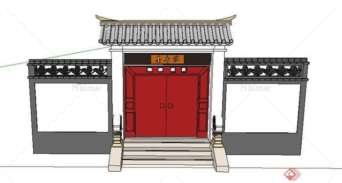 中式古典四道大门门廊入口设计SU模型[原创]