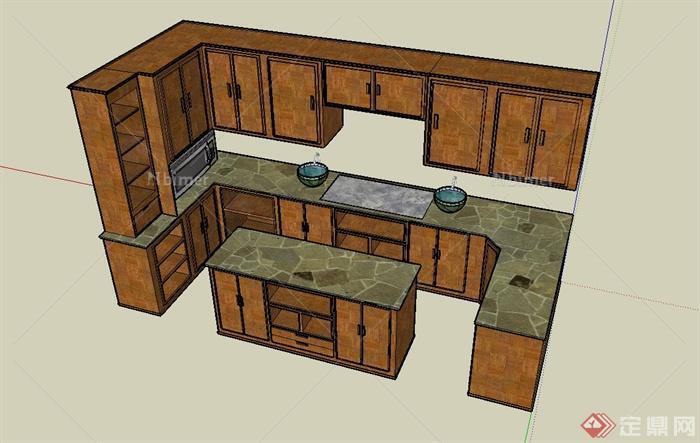 一套木质橱柜、灶台设计SU模型