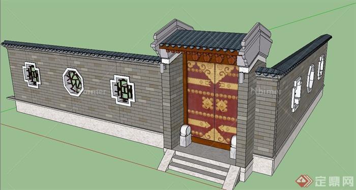 古典中式建筑大门与围墙设计SU模型