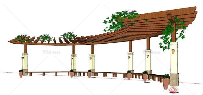 现代风格木制弧形廊架设计su模型