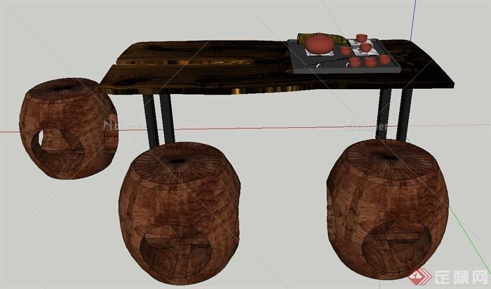 室内木质茶桌凳设计SU模型