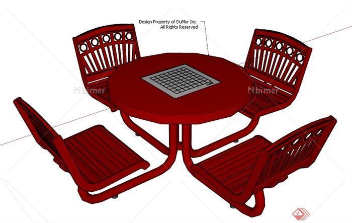 现代简约四人座红色桌椅su模型