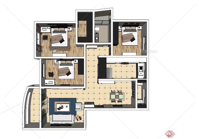 现代大三居室室内装饰设计SU模型