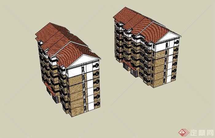 某现代两栋居住建筑设计su模型