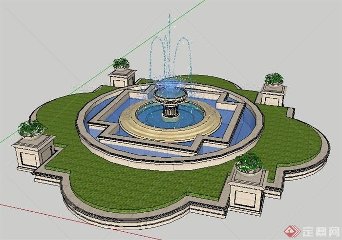 欧式风格喷泉水景花坛设计su模型