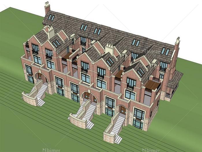 英式风格联排别墅建筑设计su模型（含小区总平面