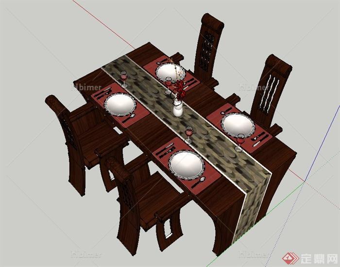 一套四人木质餐桌具设计SU模型