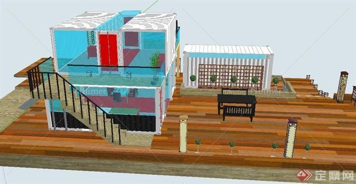 现代中式两层下沉式集装箱式住宅建筑设计SU模型