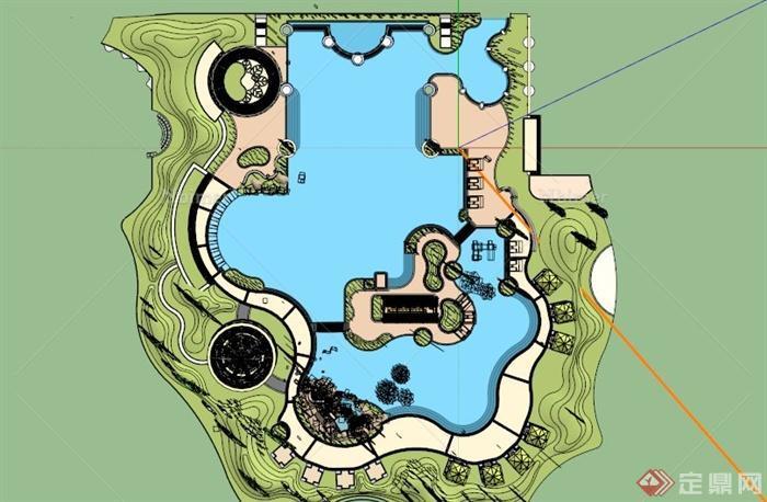 现代中式水景休闲公园设计SU模型