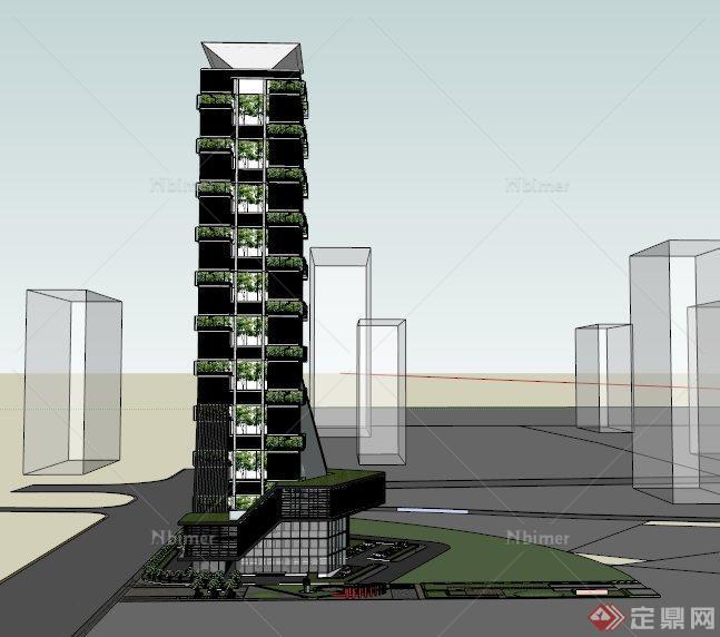 某现代高层办公楼设计SU模型和一个一层楼平面设