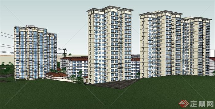 某现代山地学校建筑设计su模型（含教学楼、住宿