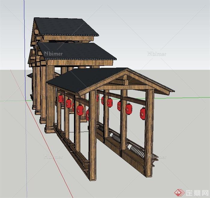 园林景观节点木质门廊与长廊设计SU模型