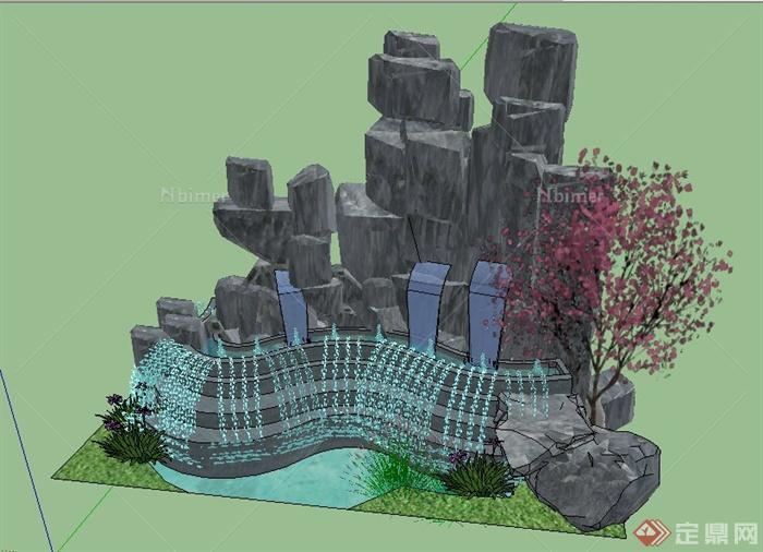 园林景观假山叠水景观su模型
