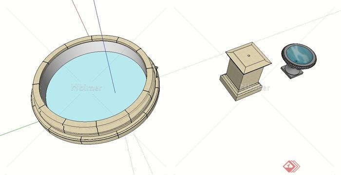 现代水钵、水池、景观柱设计su模型[原创]