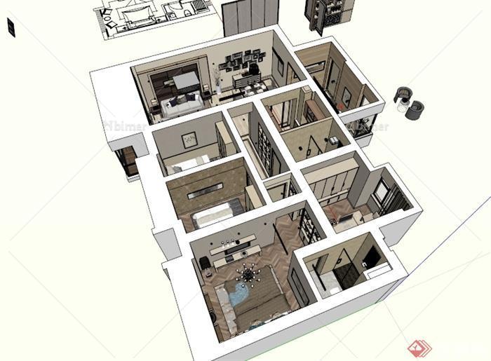 某现代风格详细完整室内住宅空间设计su模型[原创