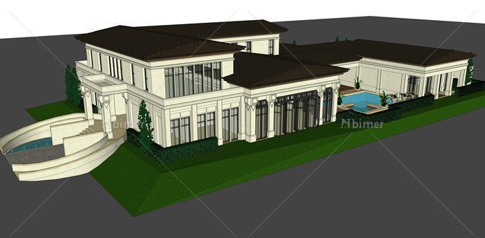 某欧式独栋别墅建筑设计方案SU模型（附CAD平面图