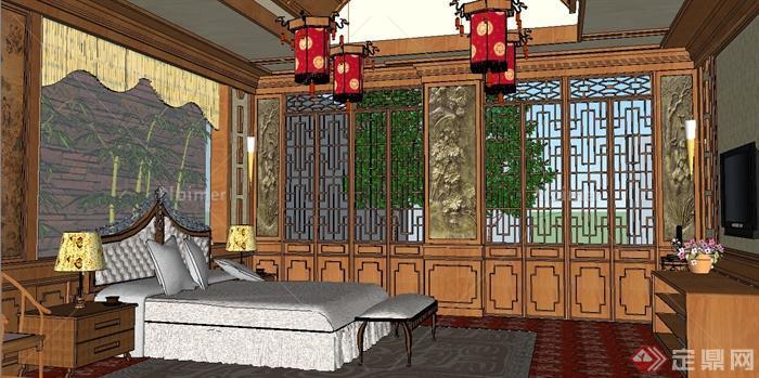 某现代中式风格详细室内卧室设计su模型[原创]