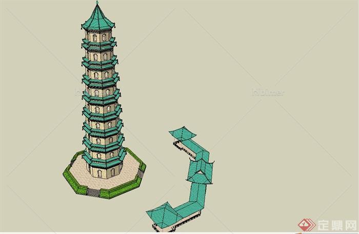 某精致古典中式风格旅游古建塔楼设计SU模型[原创