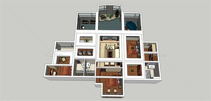 新中式复式住宅空间装饰设计su模型以及cad施工图