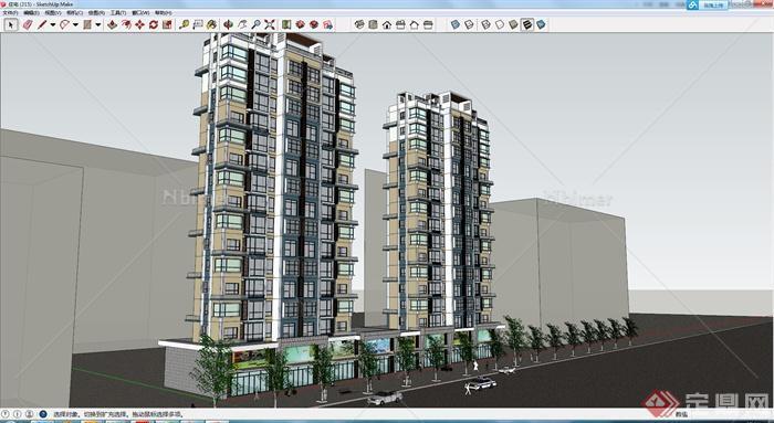 现代16层商住楼建筑设计su模型