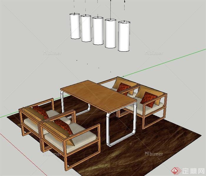 日式风格四人座餐桌椅及吊灯su模型