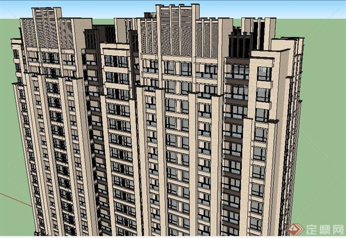 新古典高层双拼住宅公寓楼建筑su模型[原创]
